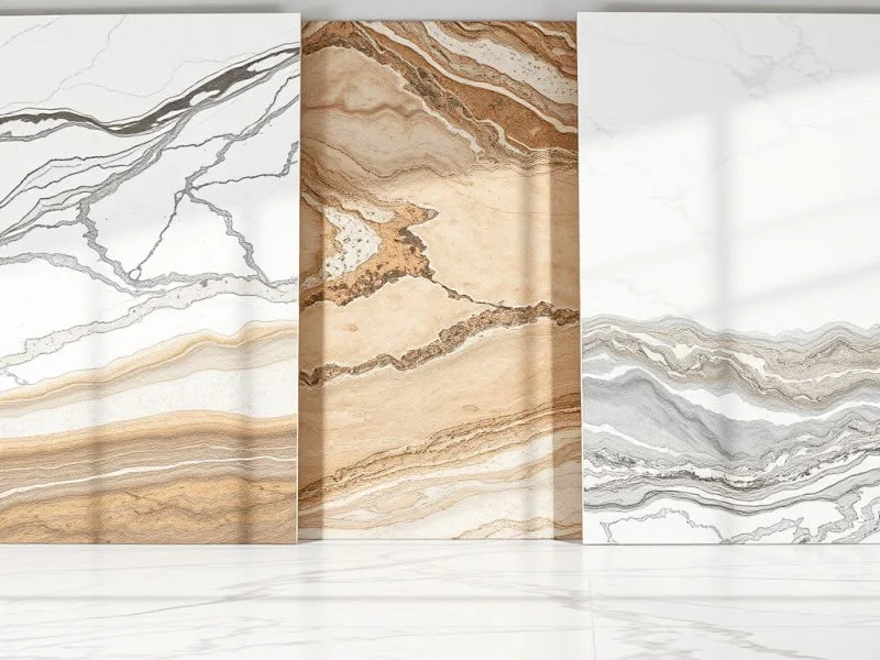 Three light stone slabs with distinct natural-looking patterns