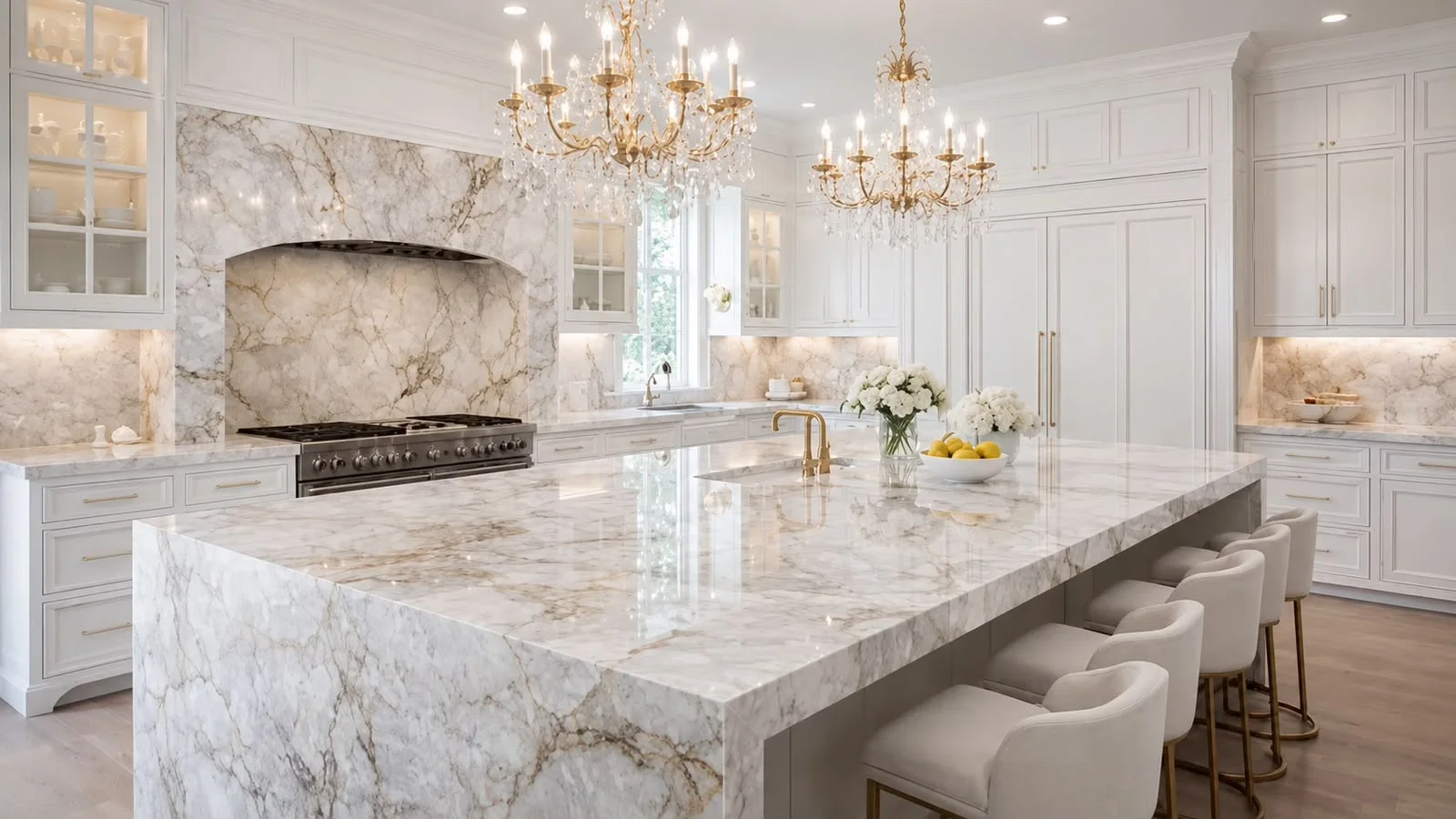 Bright kitchen centered around an oversized light stone island